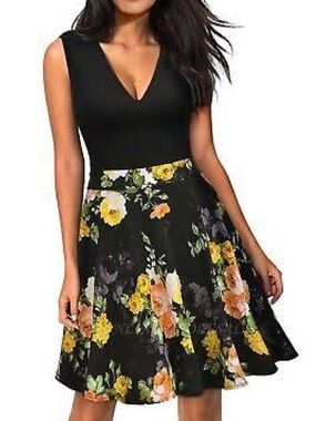 Miusol Black V-Neck Mini Dress with Yellow & Peach Floral Skirt